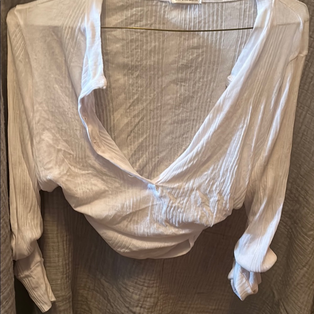 LA Made White Wrap Ruched Long Sleeve Blouse